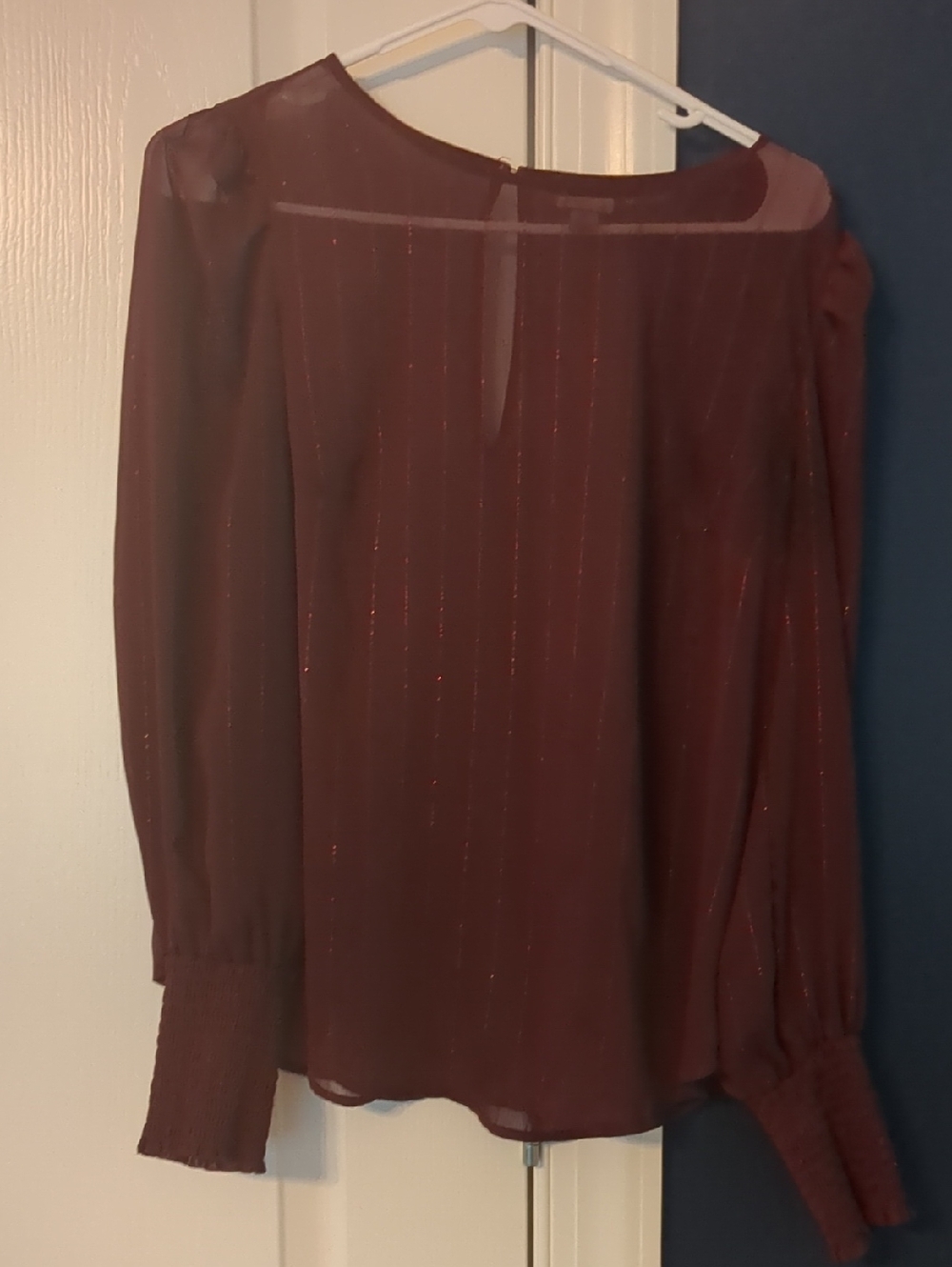 a new day Burgundy Sheer Long-Sleeve Blouse with Metallic Stripe